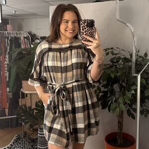 Anthropologie Maeve Buffalo Plaid Mini Dress Black Gray Size XS